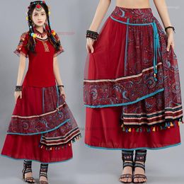 Ethnic Clothing 2023 Women Vintage Skirt National Flower Print Elastic Waist Traditional Chinese Mesh A-line Folk Streetwear