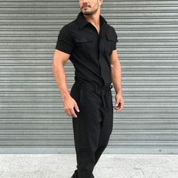 Suits Solid Color Short Sleeve Multi Pockets Overalls Rompers Summer Men New Fashion Belt Design Playsuit Spring Mens Casual Jumpsuits