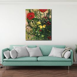 Canvas Artwork Poppies and Butterflies Vincent Van Gogh Painting Handmade Impressionist Landscape Art for Dining Room