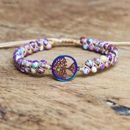 Handmade Natural African Stone Beaded Boho Yoga Wrap Bracelet Bangle Stainless Steel Tree of Life Braided Charm Bracelet L230704