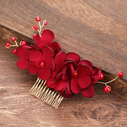 Hair Clips Korean Bride Pin Accesories Red Flower Cloth Art Pearl Comb Wedding Accessories Headdress Batch