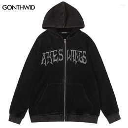 Men's Hoodies Vintage Zip Up Hoodie Sweatshirt Jacket Y2K Grunge Hip Hop Letter Print Punk Gothic Washed Hooded Coat Streetwear Tops