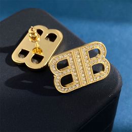 Huggie New designed Full Diamond Double B Letter Thick Necklace Earrings Copper 18K Gold Plated Luxury Fashion Earring Designer Jewellery E