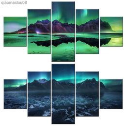 Aurora Borealis Landscape 5 Panels Posters Iceland Romantic Healing Green Canvas Painting Wall Art for 2023 Modern Home Decor L230704