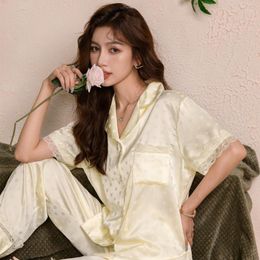 Women's Sleepwear Spring Sexy Ice Silk Short Sleeve Shirt Pants Women Polka Dot Jacquard Satin Pyjama Two-Piece Homewear Nightwear