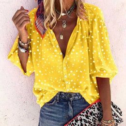 Women's Blouses Shirts Spring Summer Tops Women Buttoned Up Shirt Office Ladies Polka Dot Print Blouses Casual Wave Point V Neck Loose Shirts Blusas L230712