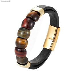 Natural Tiger's Eye Ring Face Type Male Stainless Steel Leather Cord Men's Bracelet Gift L230704