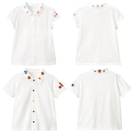 Kids Shirts 2023 Summer Japanese Girls' Cartoon Bear Rabbit Embroidery Boys' Short Sleeve Shirt Overlay Top White Blouse for Girls 230711