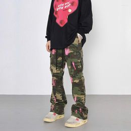 Men's Pants American High Street Splashed Ink Army Green Camouflage Overalls Fashion Brand Casual Micro Flared