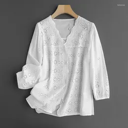 Women's Blouses Spring Style Exquisite Hollow Embroidery V-neck Three-quarter Sleeves Straight Cotton Shirt Top Women