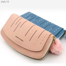 2023 New Women PU Leather Fur Ball Ornaments Wallets Lady Retro Hasp Long Purse Outdoor Portable Bank Card Phone Hand Bag L230704