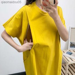 Feature Pocket Decoration Long T-shirt Dress Maternity For Feeding Loose Casual Summer Top Breastfeeding Dress Pregnant Clothes L230712