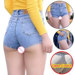 Женские сексуальные мини-джинсы с открытой промежностью, эротические брюки без вырезов со скрытой молнией, подтяжка попки с эффектом пуш-ап, прозрачные шорты для секса на открытом воздухе