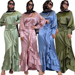 Ethnic Clothing Desgin Satin Dresses Ruffle Pleated Abaya Dubai Muslim Dress Luxury High Class Islamic Sets Woman 2 Pieces Turkey