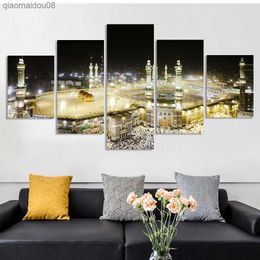 Mecca Mosque Hajj Islamic Building Poster And Prints 5 Panels Picture On Wall Decor Canvas Painting For Muslim Home Decoration L230704