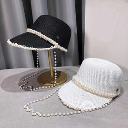 Wide Brim Hats Straw Caps For Women Panama Equestrian Hat Summer Solid Peral Chain Sun Female Breathable Fashion Baseball