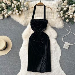 Casual Dresses Spring Sexy Celebrity Senior Sense Hanging Neck Long Dress Open Velvet Vintage