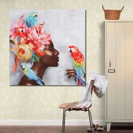 Modern Abstract Canvas Art Closed Eyes Woman and Parrot Handmade Oil Painting Contemporary Wall Decor