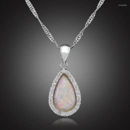 Pendant Necklaces Synthetic White Fire Opal Water Drop Silver Plated For Women Party OP407