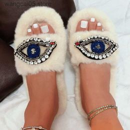 Slippers Personalised Rhinestone Eyes Design Womens Slippers Winter Soft Home Thick Sole Fur Slippers Female Bedroom Fuzzy Woman Shoes T230712