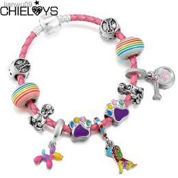 Pink Leather Bracelet Colourful Enamel Cute Puppy Dog Pendant Charm Bracelets For Women High Quality Jewellery Dropshipping L230704