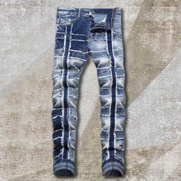 Men's Jeans 2023 Biker High Street Fashion Washed Blue Stitching Vaqueros Hombre Zipper Used Beggar Pants Bootcut For Men