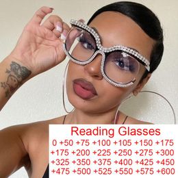 Sunglasses Rhinestones Oversized Square Reading Glasses Women Half Frame Fashion Clear Lens Eyeglasses Female Anti Blue Light Spectacle