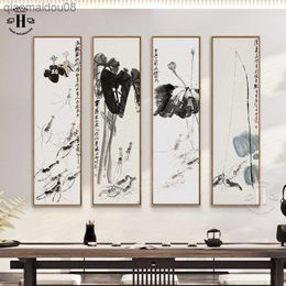 New Chinese Style Canvas Print Lotus Shrimp Calligraphy Ink Landscape Wall Painting Poster Pictures Art Tearoom Porch Home Decor L230704