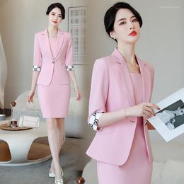 Women's Two Piece Pants 2023 Thin Solid Colour Half Sleeves Summer Pink Business Casual Skirt Suit Overalls In Stock Wholesale