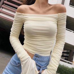 Women's T Shirts Ekaliy Mesh Patchwork Women Long Sleeve Crop Shirt Ruched Off Shoulder Bodycon Sexy Elegant Streetwear 2023 Spring Summer