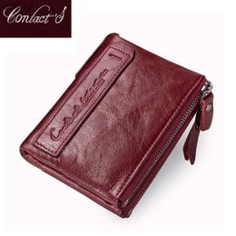 Fashion Genuine Leather Women Wallet Bi-fold Wallets Red ID Card Holder Coin Purse With Double Zipper Small Women's Purse 2022 L230704