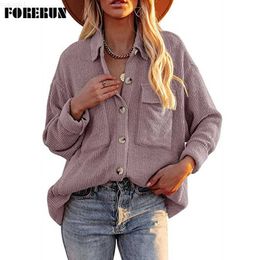 Women's Blouses Shirts FORERUN Corduroy Shirts for Women Solid Oversized Turn Down Collar Long Sleeve Double Pocket Chemise Femme 12 Colour Dropshipping L230712