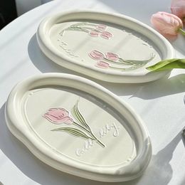 Plates French Ceramic Plate Home Tableware Tulip Embossed Dessert Cake Vintage Oval Nice Girls Afternoon Tea Elegant White Tray