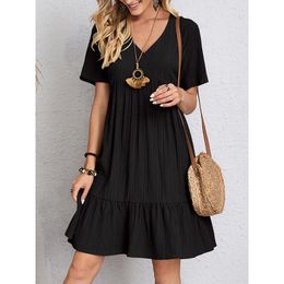 Urban Sexy Dresse ALine Mini Dress Elegant VNeck Short Sleeve Beach Vintage Ruffles Female Loose Casual Solid Party Dresses Vestidos 230711