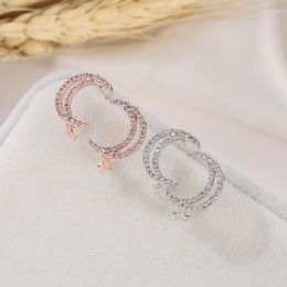Stud Earrings Exquisite Twinkling Full Shiny Zircon Moon Shaped Star Charm Rose Golden Silver Plated For Women