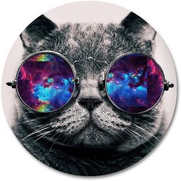 Galaxy Cat Round Mouse Pad Galaxy Hipster Cat Wear Colour Sunglasses Mousepad Round Non Slip Rubber Mouse Pad Gaming Mouse Pad