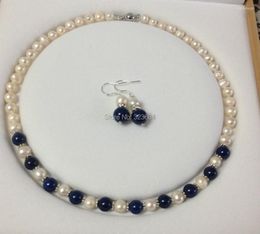 Necklace Earrings Set Charming!White Akoya Cultured Pearl/Lapis Lazuli