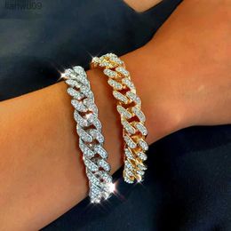 New Fashion Luxury 12mm Iced Out Cuban Link Chain Bracelet for Women Men Gold Silver Colour Bling Rhinestone Bracelet Jewellery L230704