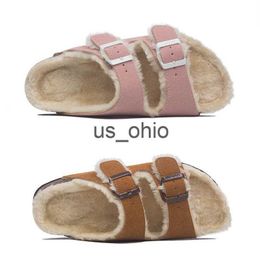 Slippers 44 45 big size wool fur cork slippers women double buckle band long plush winter slides furry outdoor footwear flip flops women J230712