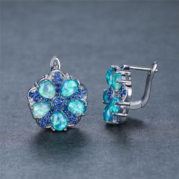 Stud Green Fire Opal Flower Hoop Earrings Blue Zircon Small Stone Star Earrings Classic Silver Colour Wedding Earrings For Women Gifts 230711