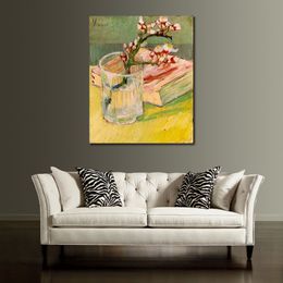 Canvas Art Blossoming Almond Branch in Glass with Book Handmade Vincent Van Gogh Painting Still Life Artwork Modern Wall Decor