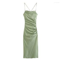 Casual Dresses YENKYE 2023 Women Light Khaki Side Slit Draped Midi Sexy Backless Thin Straps Female Party Summer Dress