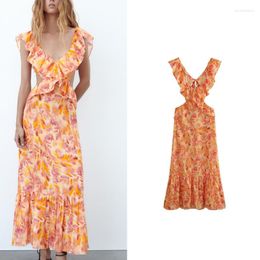 Casual Dresses Vintage Sexy Chic Flower Women Dress V-Neck Backless Ruffles Straight Long Fashion 2023 Summer Side Hole