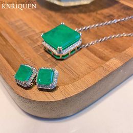 Charm Charms Square Jade Gem Pendant Necklace Stud Earrings Women's Vintage Party Wedding Jewelry Set Women's Gift Wholesale Z230713