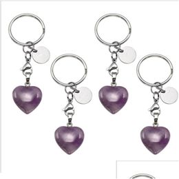 Key Rings Natural Stone Rose Quartz Amethyst Keychain Keyring Personalised Gem Chain Healing Crystals Heart Pendant For Women Girls Dhntp