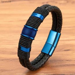 XQNI Doublelayer Braided Rope Wrap Leather Bracelets for Men Charm Blue Black Classic Stainless Steel Bangle Couple Jewellery L230704