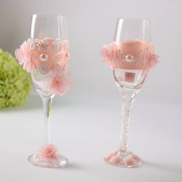 Party Favour 1 Pair Wedding Glasses Champagne Twine Flutes Toasting Bride And Groom With Pink Flower