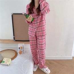 Women's Sleepwear Pink Pyjama Set Plaid Spring Home Clothes Long Sleeve Pants Suit Homewear Lapel Collar Ladies Service Pijama D035