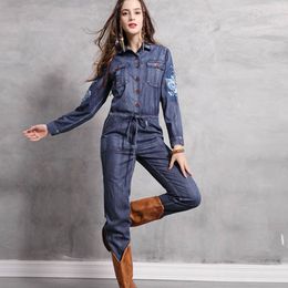 Women's Jumpsuits Rompers Fashion Safari Style Long Sleeve Women's Embroidery Denim Jeans Jumpsuit and Jumpsuit Plus Size Trousers S-XL 230711