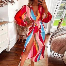 Casual Dresses Waist-enhancing Ladies Maxi Dress Lantern Sleeve Lady Colourful Print Midi With Low-cut V Neck Flattering For Fall